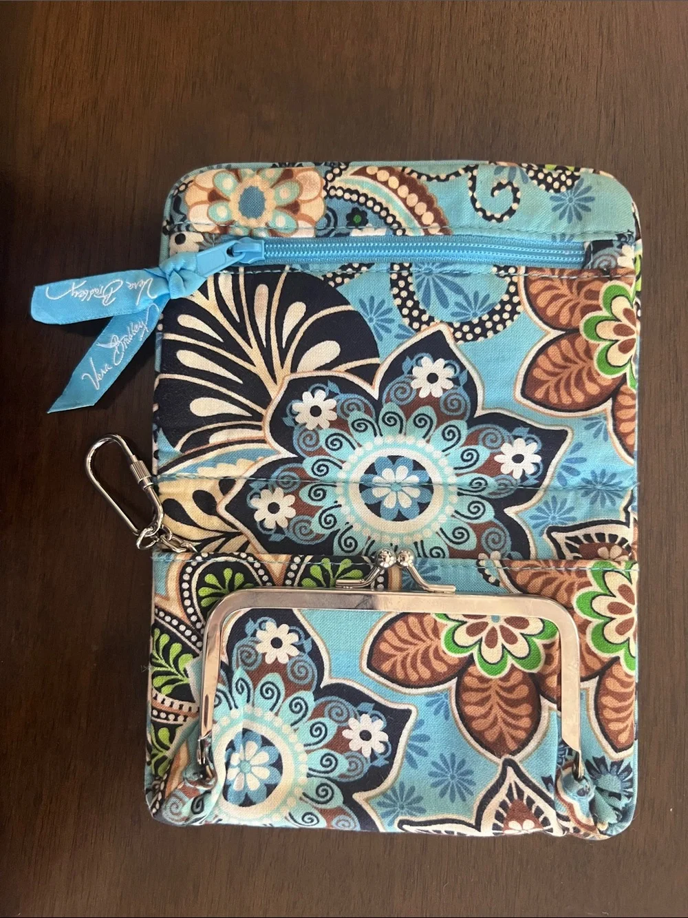 Vera Bradley Blue Floral Quilted ID Wallet with Lanyard Clip